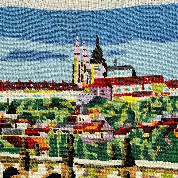 VTG Needlepoint Charles Bridge Prague Canal Village European Embroidery 18”x28” - Picture 3 of 16